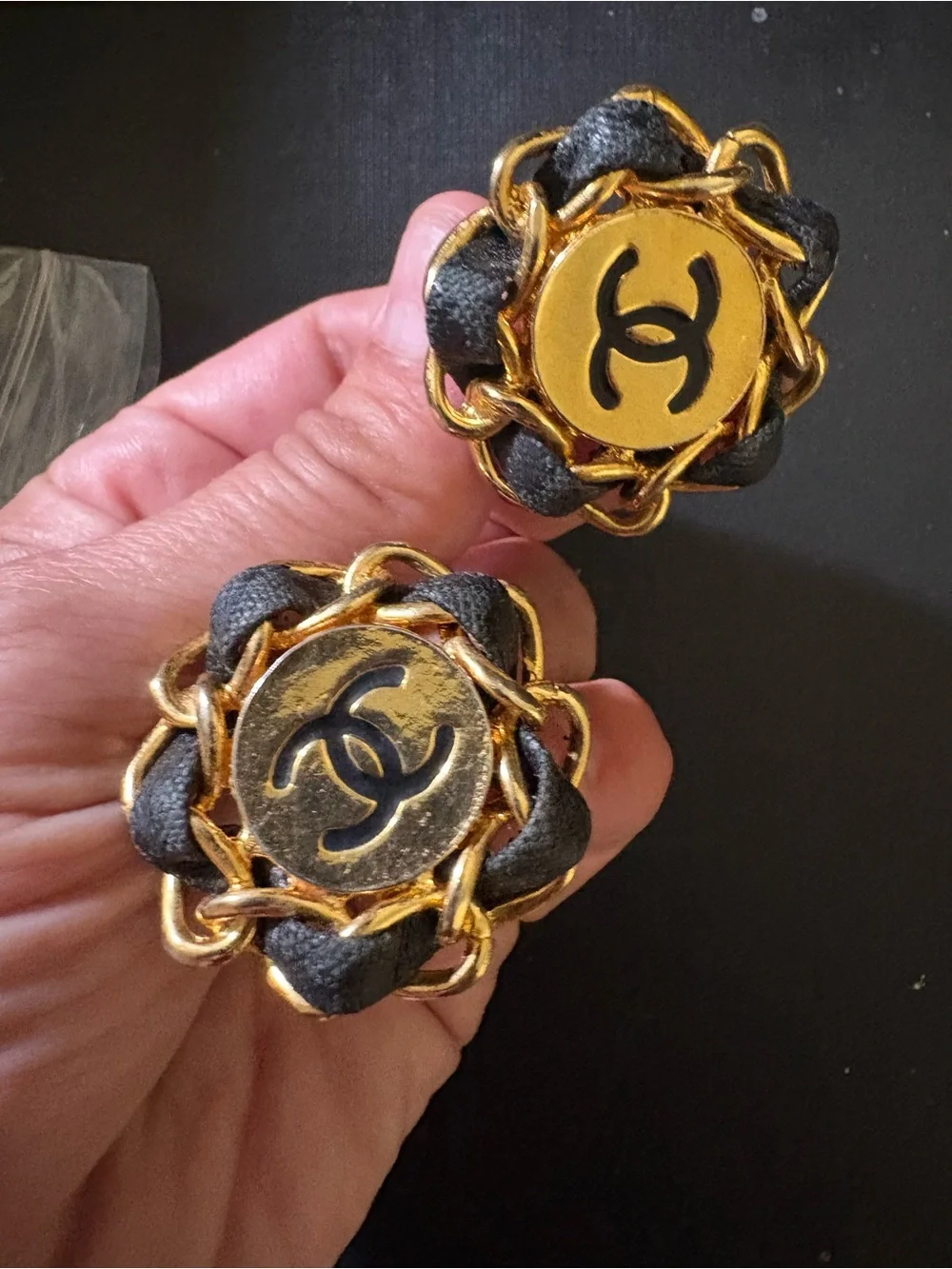 CHANEL Gold and Black CC Logo Chain-Trim Clip-On Earrings